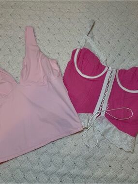 Pink Lace-Trim Corset Crop Top and Light Pink Tank Duo